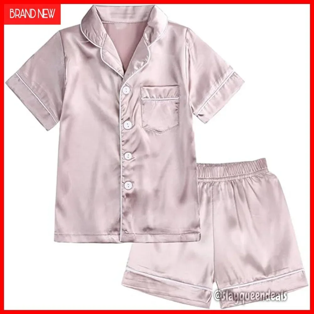 Kids Satin Pajama Set Short Sleeve Button Down Top and Shorts